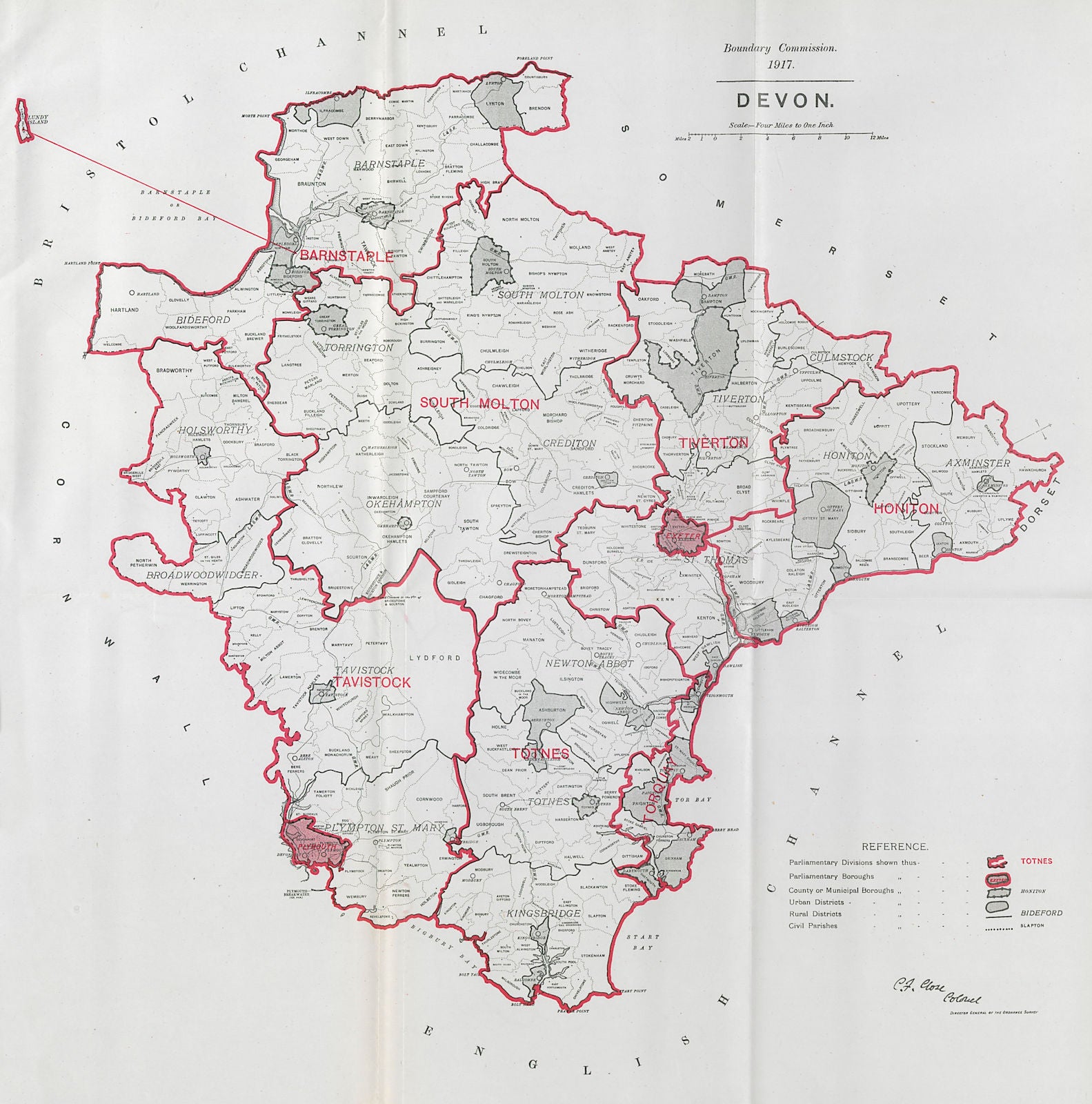 Devon Parliamentary County. BOUNDARY COMMISSION. Close 1917 old antique map